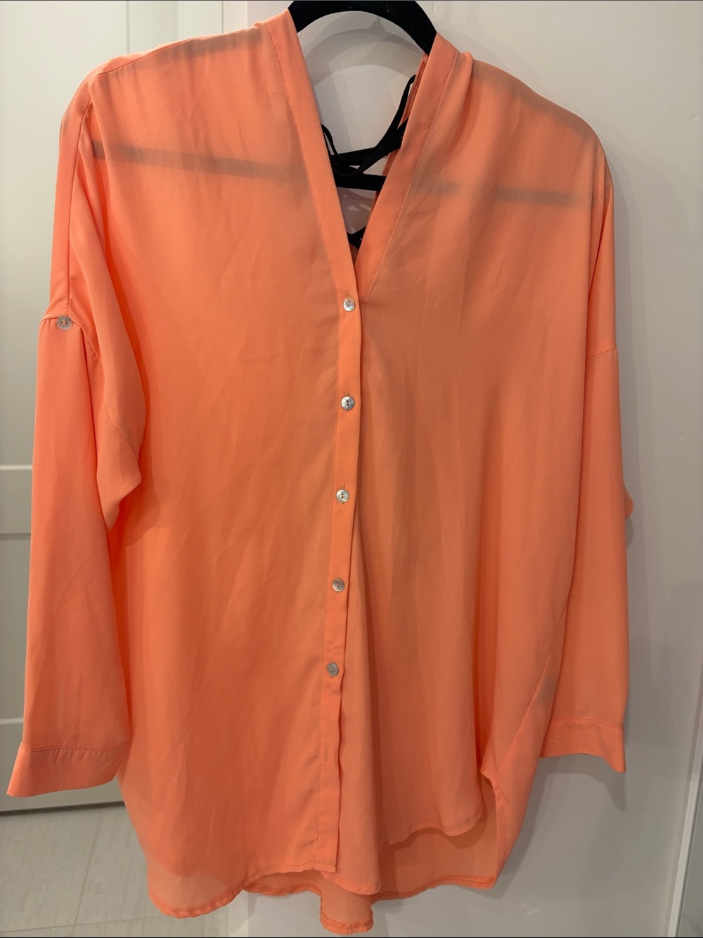 Lightweight Orange Button-Front slightly sheer blouse